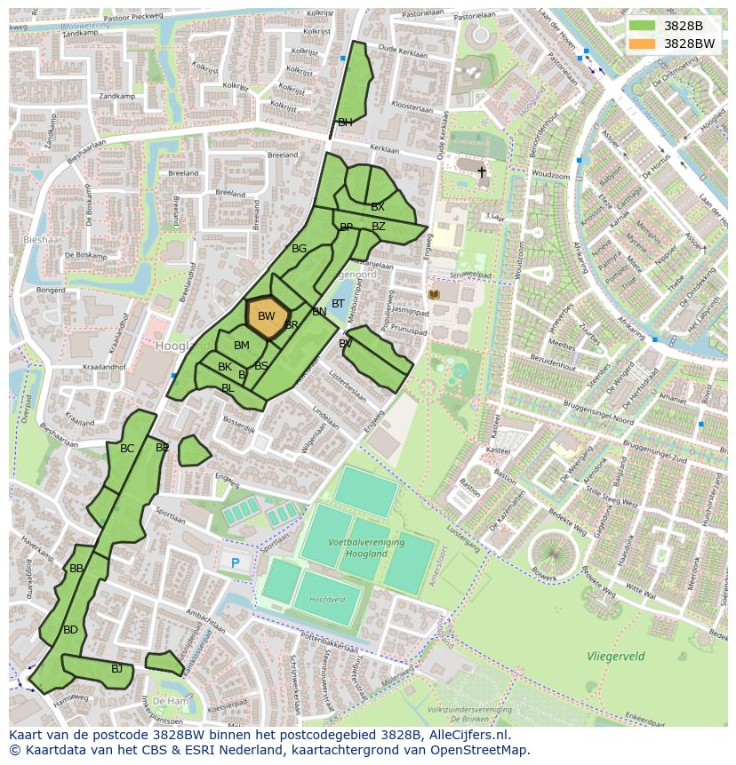 Afbeelding van het postcodegebied 3828 BW op de kaart.
