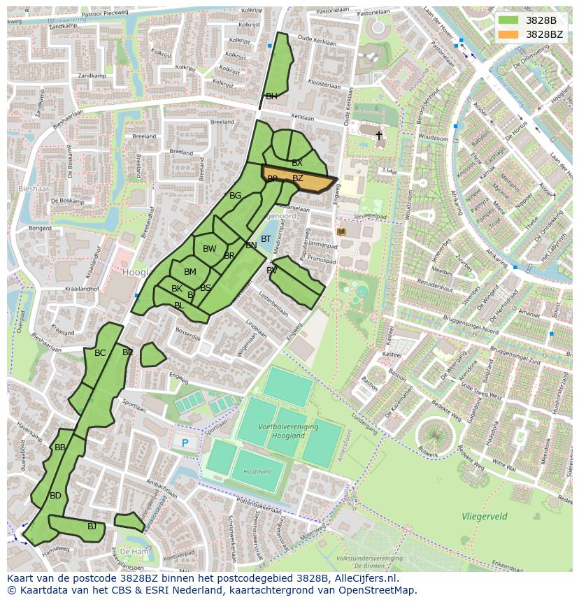 Afbeelding van het postcodegebied 3828 BZ op de kaart.
