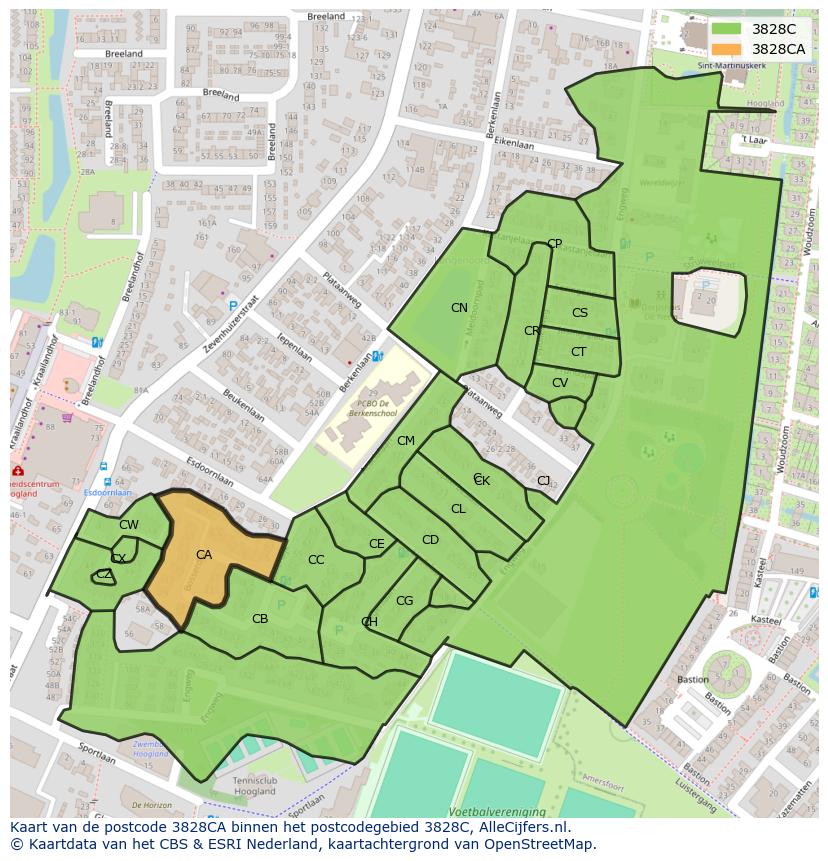 Afbeelding van het postcodegebied 3828 CA op de kaart.