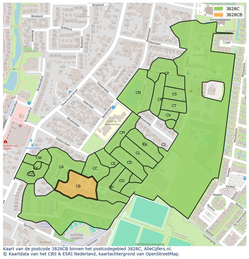 Afbeelding van het postcodegebied 3828 CB op de kaart.
