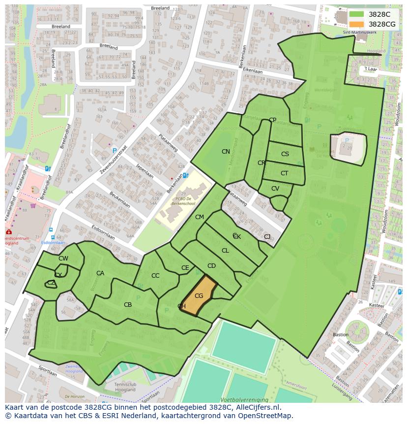Afbeelding van het postcodegebied 3828 CG op de kaart.