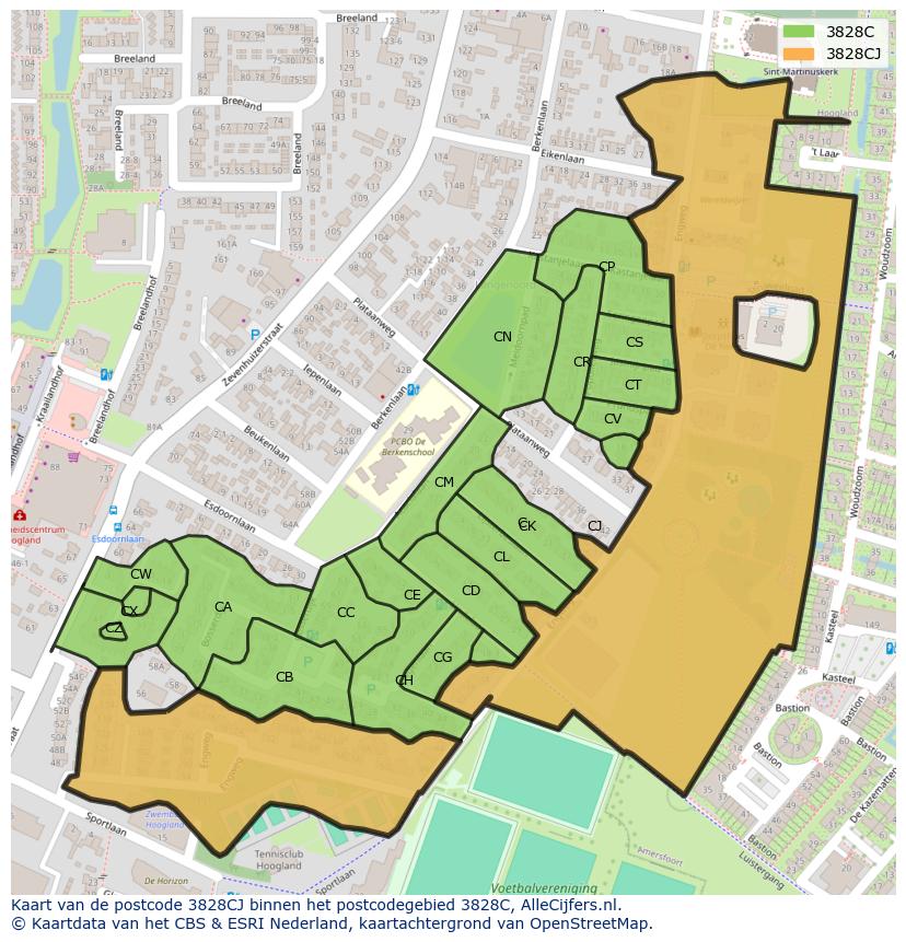 Afbeelding van het postcodegebied 3828 CJ op de kaart.