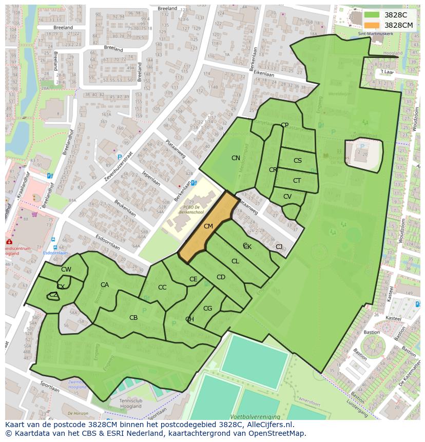 Afbeelding van het postcodegebied 3828 CM op de kaart.