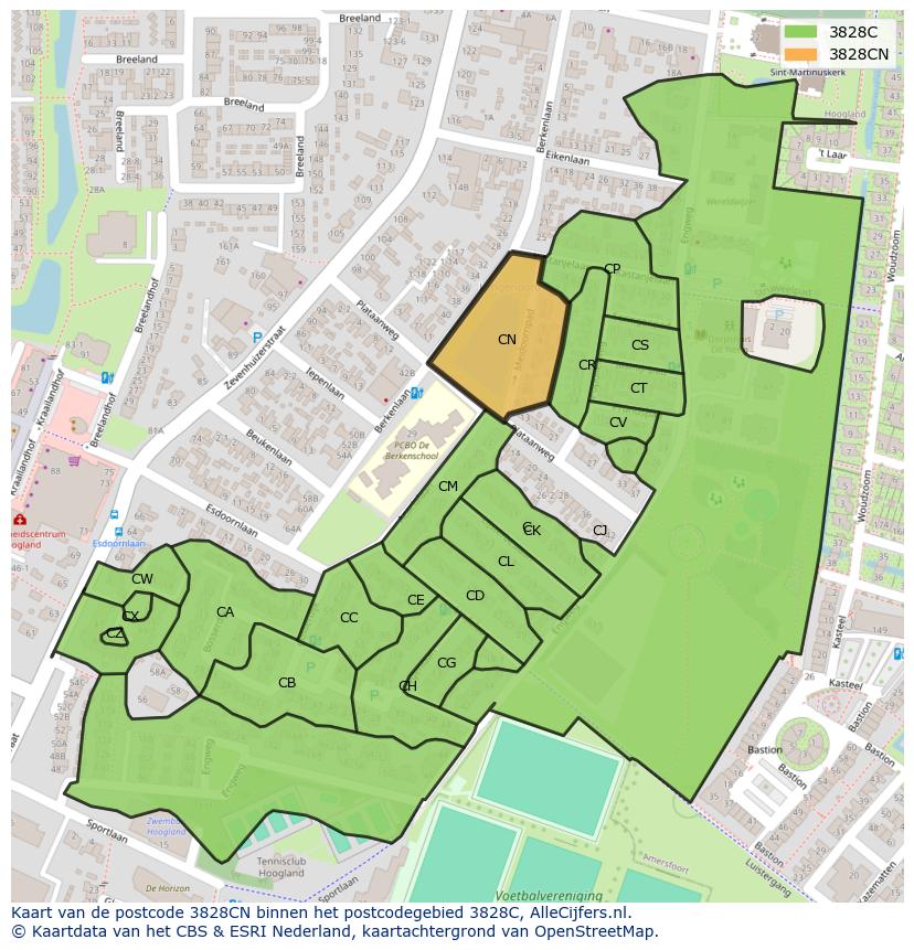 Afbeelding van het postcodegebied 3828 CN op de kaart.
