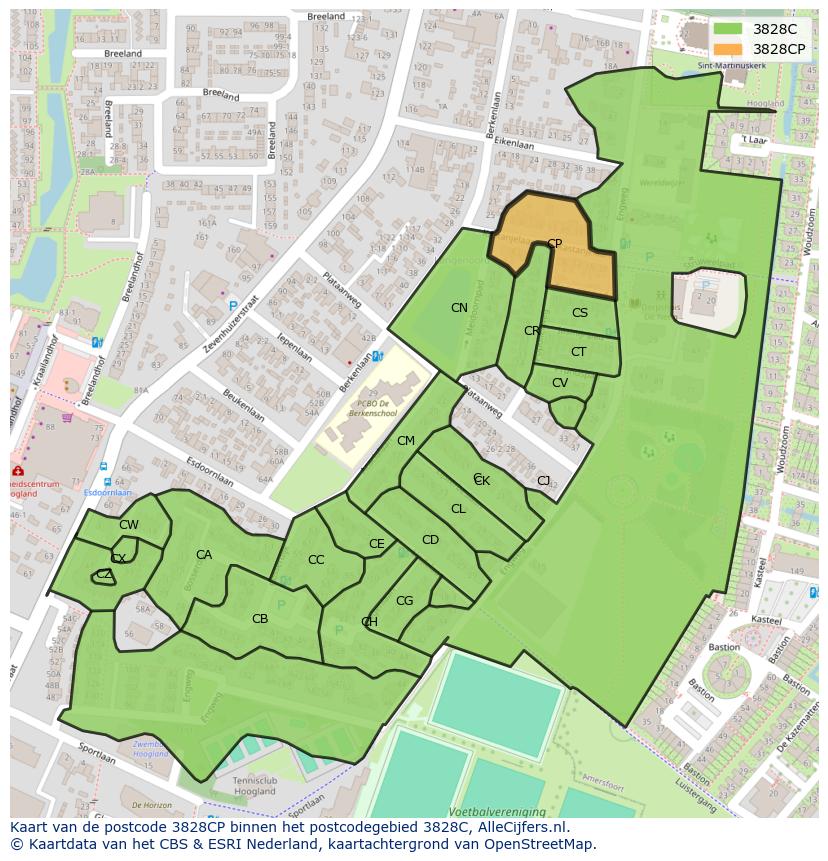 Afbeelding van het postcodegebied 3828 CP op de kaart.