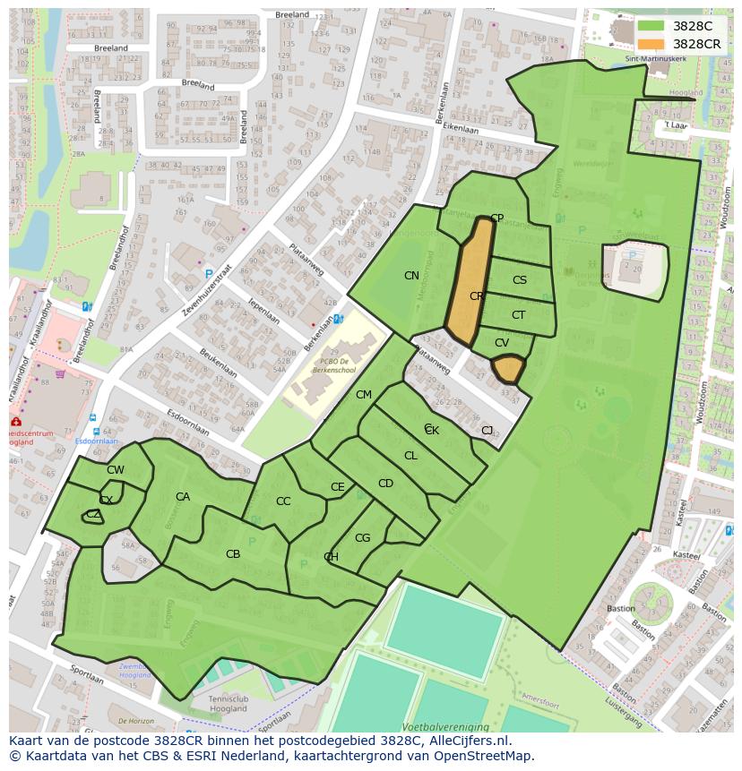 Afbeelding van het postcodegebied 3828 CR op de kaart.