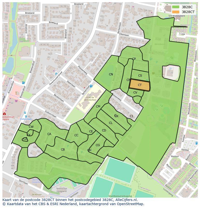 Afbeelding van het postcodegebied 3828 CT op de kaart.