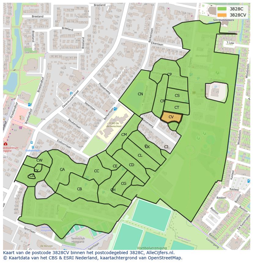 Afbeelding van het postcodegebied 3828 CV op de kaart.