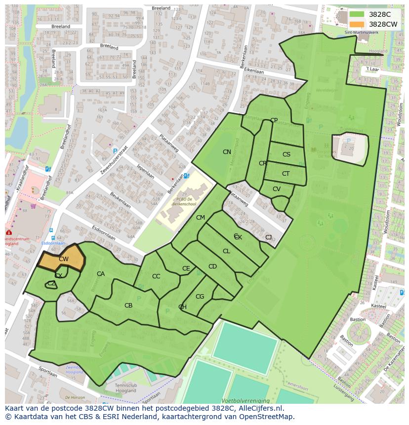 Afbeelding van het postcodegebied 3828 CW op de kaart.