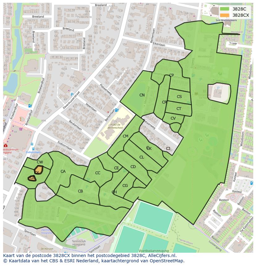Afbeelding van het postcodegebied 3828 CX op de kaart.