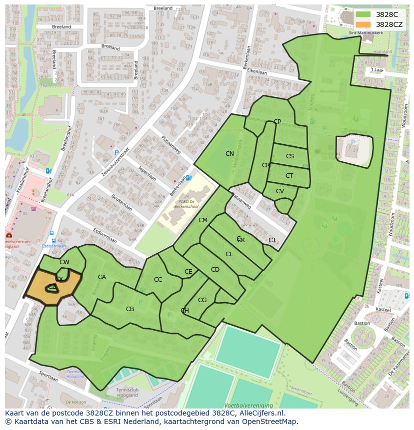 Afbeelding van het postcodegebied 3828 CZ op de kaart.
