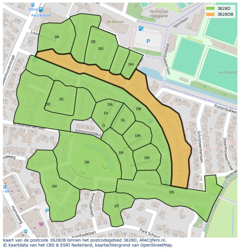 Afbeelding van het postcodegebied 3828 DB op de kaart.