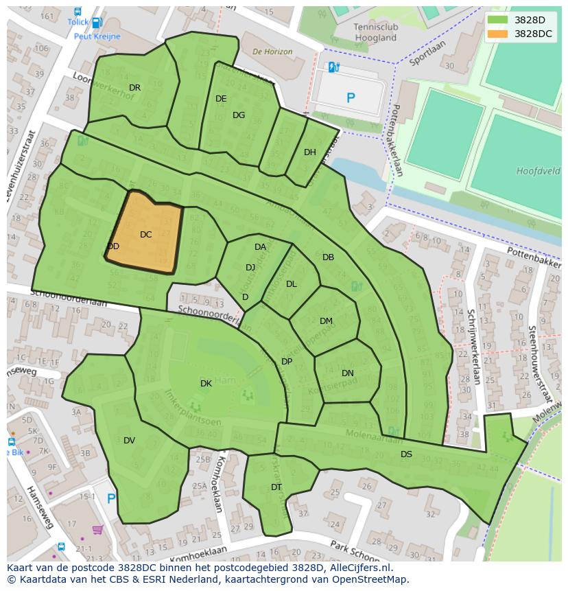 Afbeelding van het postcodegebied 3828 DC op de kaart.