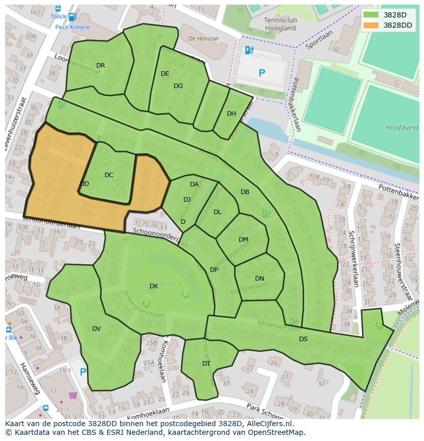Afbeelding van het postcodegebied 3828 DD op de kaart.
