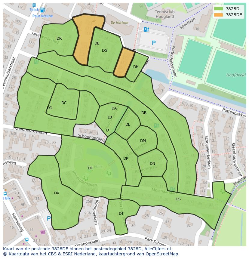 Afbeelding van het postcodegebied 3828 DE op de kaart.