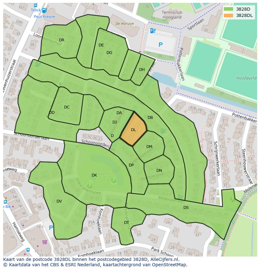 Afbeelding van het postcodegebied 3828 DL op de kaart.