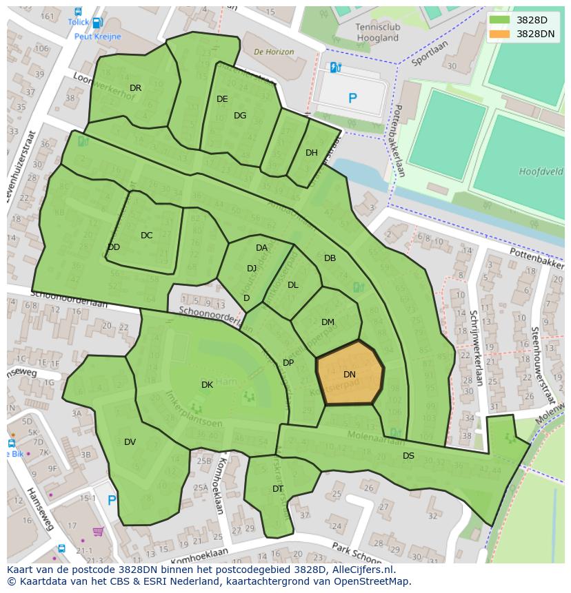 Afbeelding van het postcodegebied 3828 DN op de kaart.