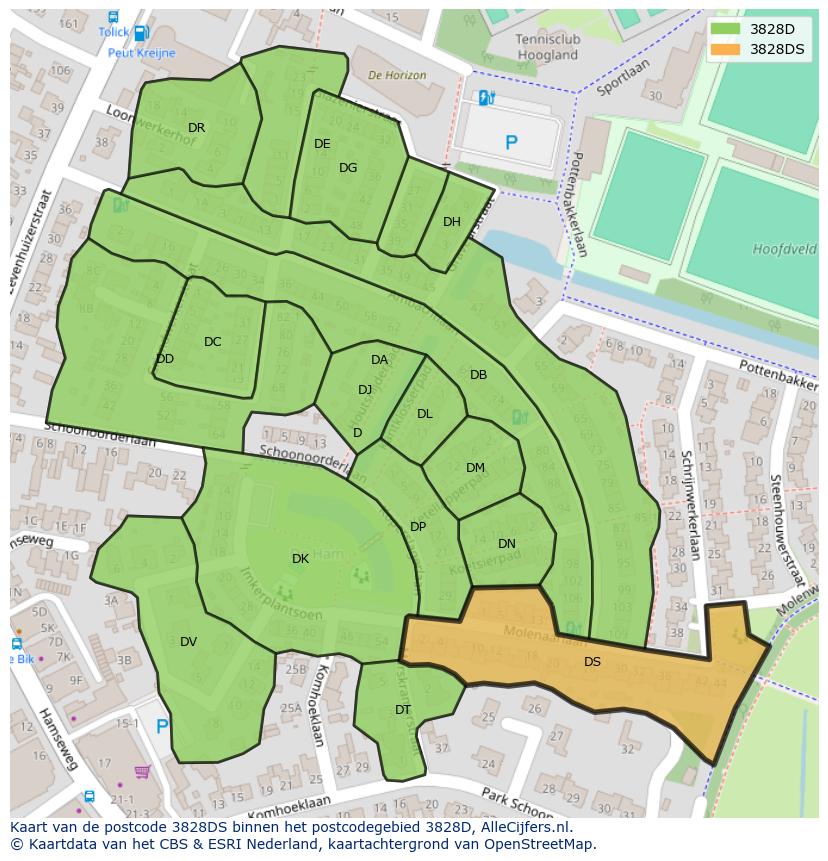 Afbeelding van het postcodegebied 3828 DS op de kaart.