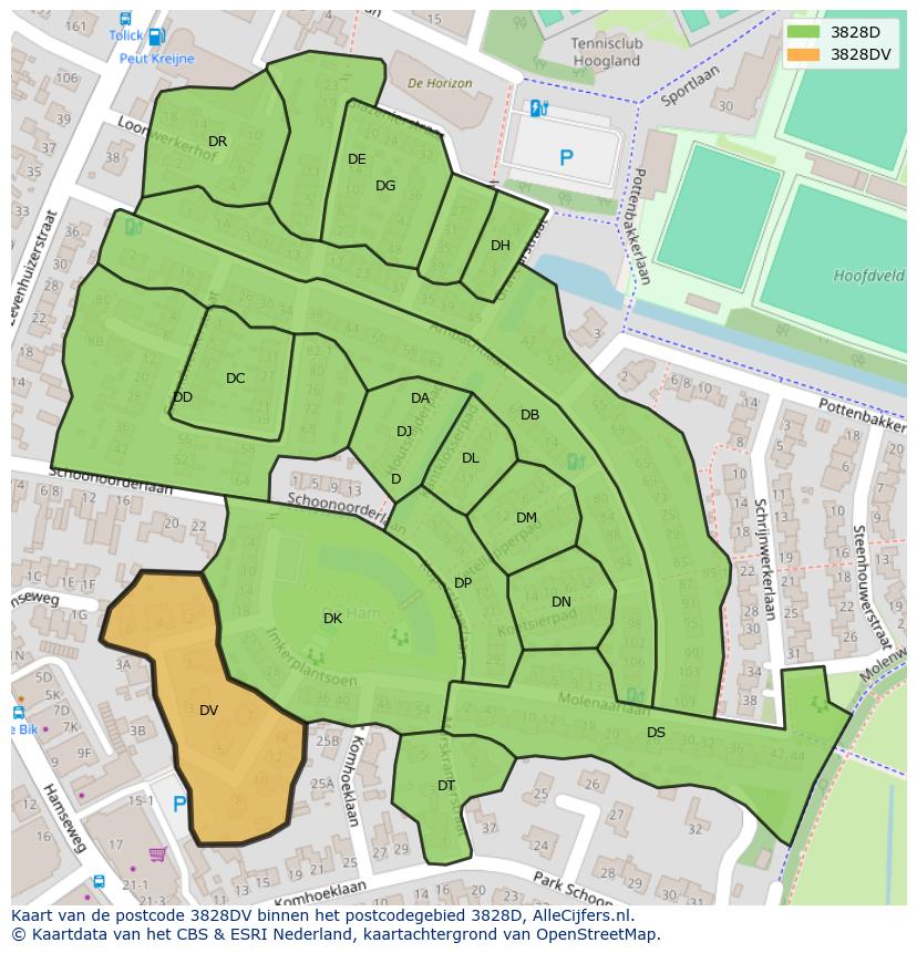 Afbeelding van het postcodegebied 3828 DV op de kaart.