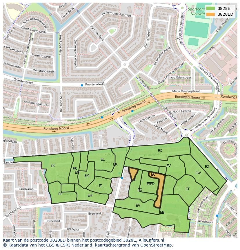 Afbeelding van het postcodegebied 3828 ED op de kaart.