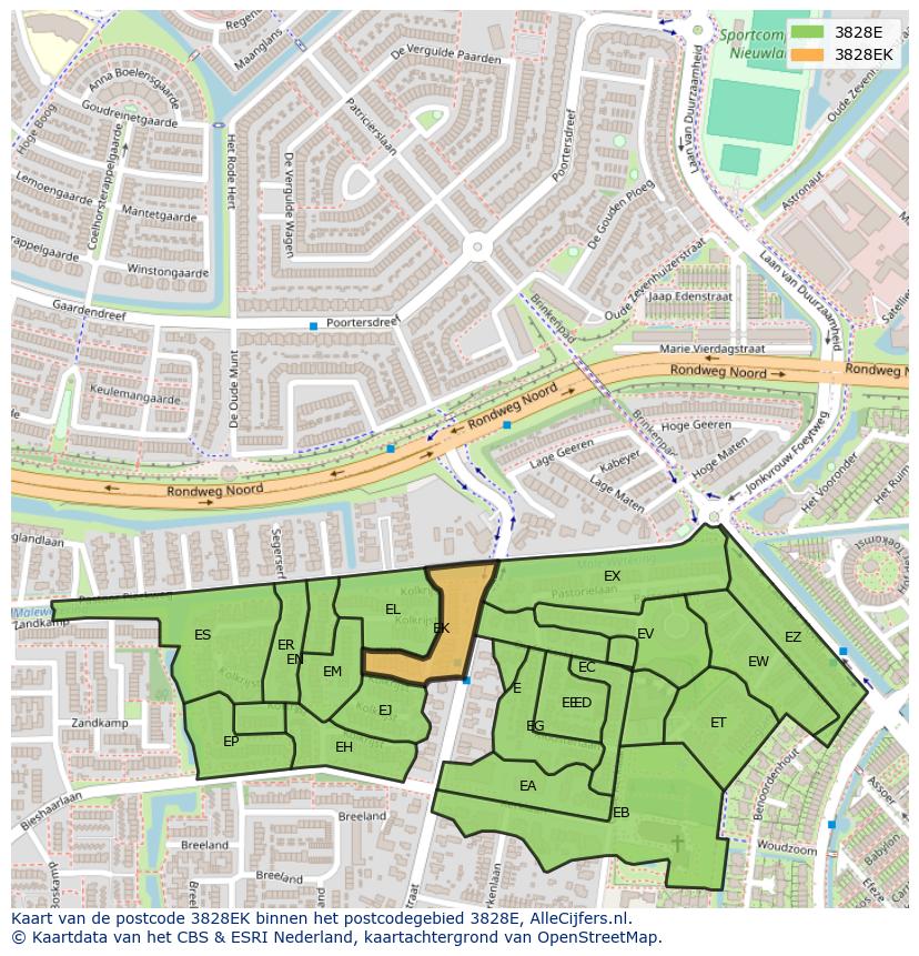 Afbeelding van het postcodegebied 3828 EK op de kaart.