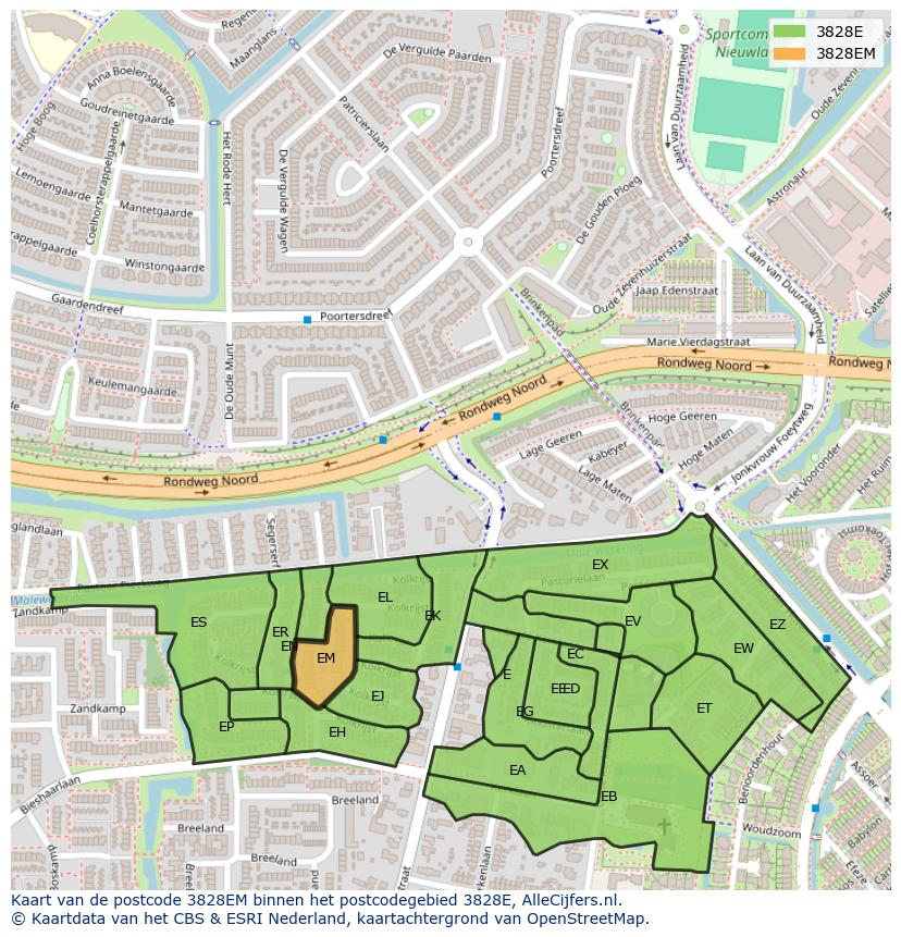 Afbeelding van het postcodegebied 3828 EM op de kaart.