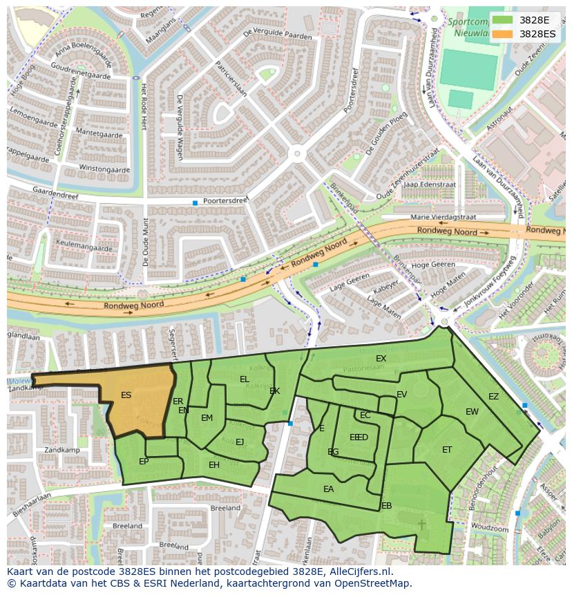 Afbeelding van het postcodegebied 3828 ES op de kaart.