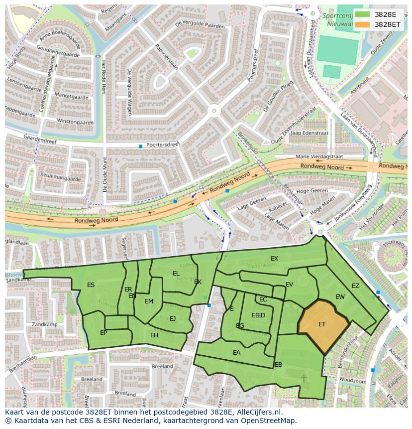 Afbeelding van het postcodegebied 3828 ET op de kaart.