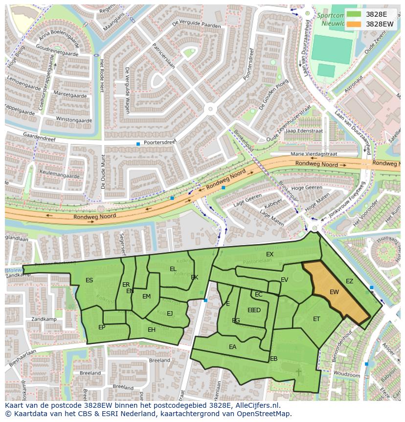 Afbeelding van het postcodegebied 3828 EW op de kaart.