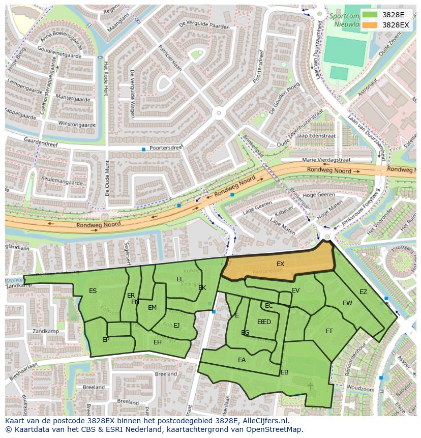 Afbeelding van het postcodegebied 3828 EX op de kaart.