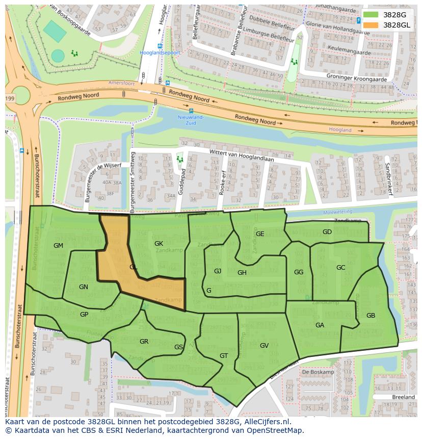 Afbeelding van het postcodegebied 3828 GL op de kaart.