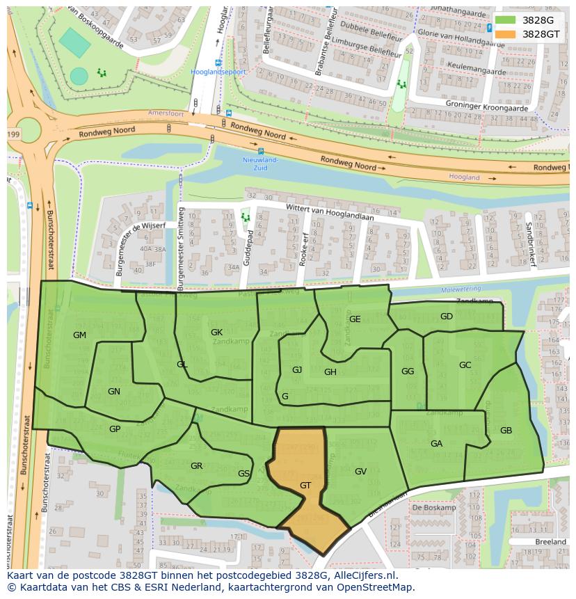 Afbeelding van het postcodegebied 3828 GT op de kaart.