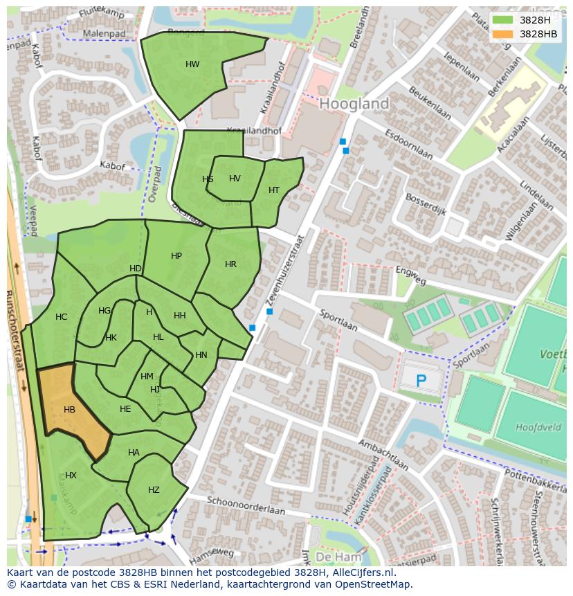 Afbeelding van het postcodegebied 3828 HB op de kaart.