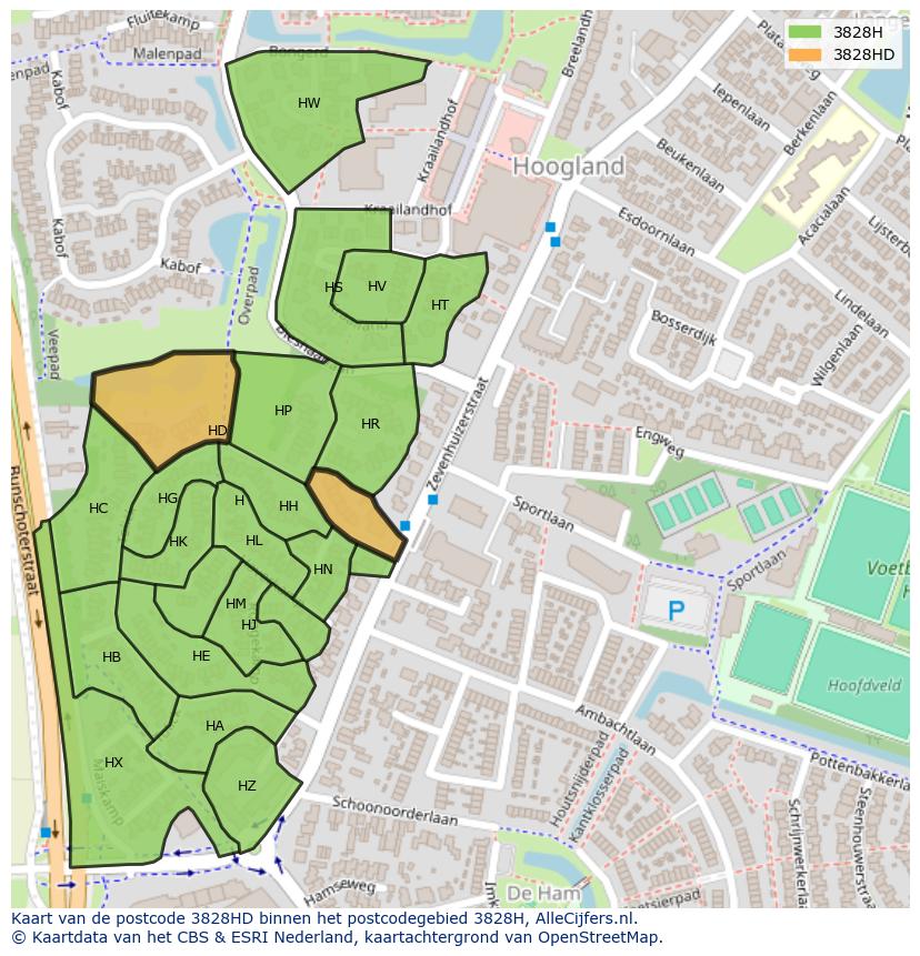 Afbeelding van het postcodegebied 3828 HD op de kaart.
