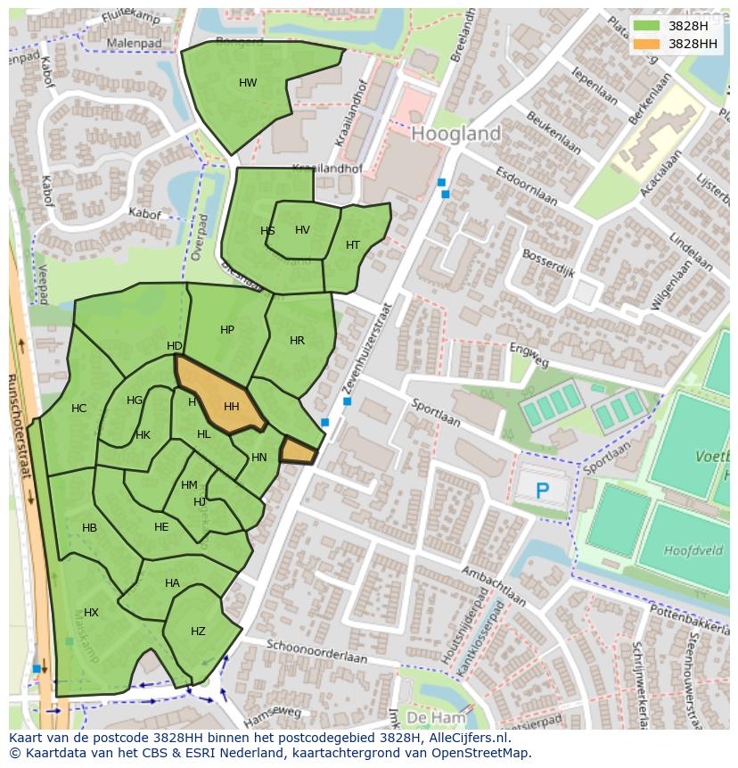 Afbeelding van het postcodegebied 3828 HH op de kaart.
