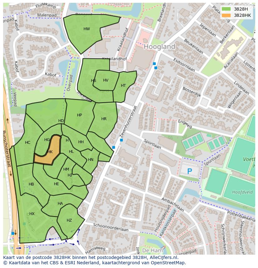 Afbeelding van het postcodegebied 3828 HK op de kaart.