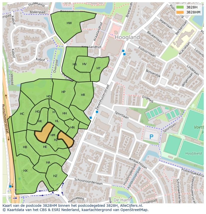 Afbeelding van het postcodegebied 3828 HM op de kaart.