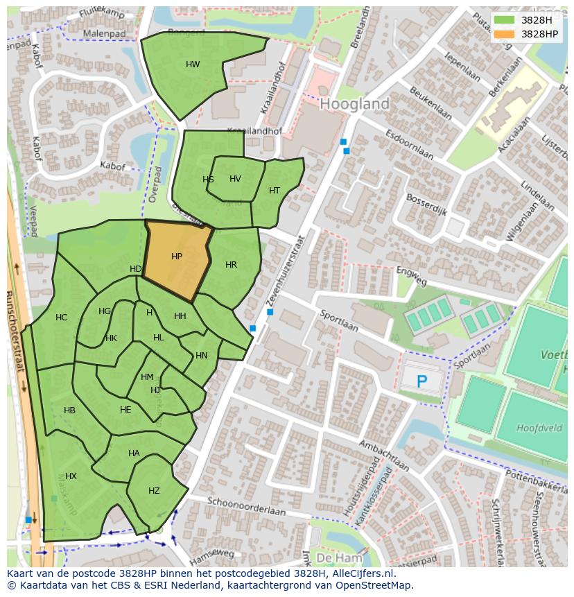 Afbeelding van het postcodegebied 3828 HP op de kaart.