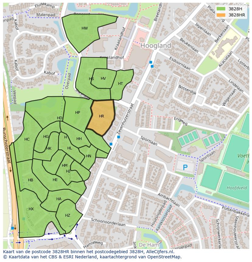Afbeelding van het postcodegebied 3828 HR op de kaart.