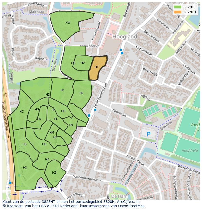 Afbeelding van het postcodegebied 3828 HT op de kaart.