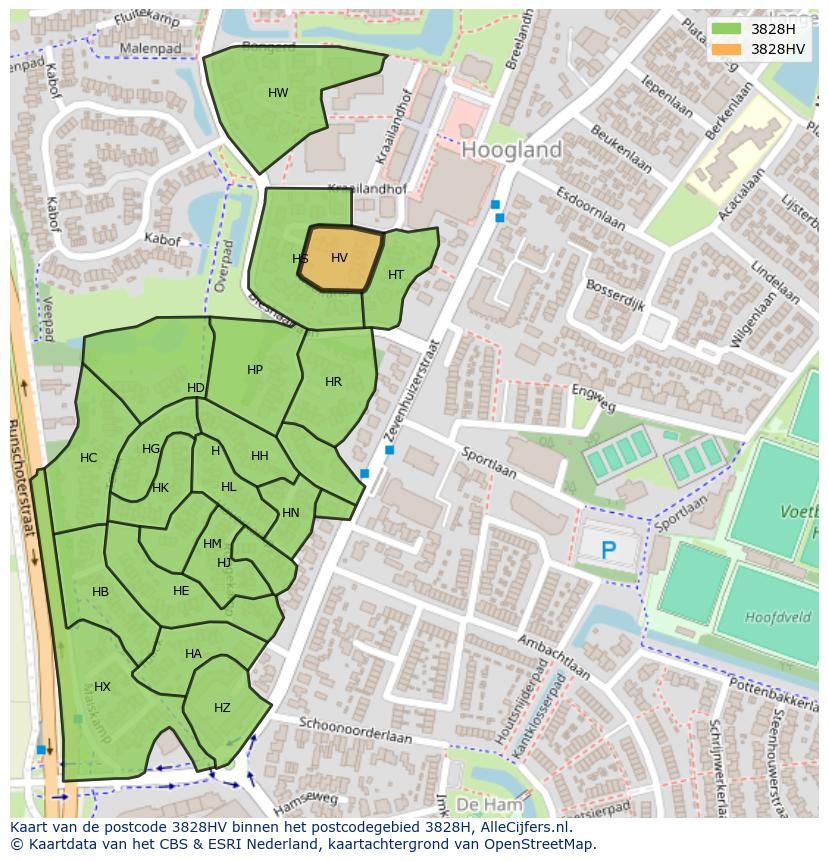 Afbeelding van het postcodegebied 3828 HV op de kaart.