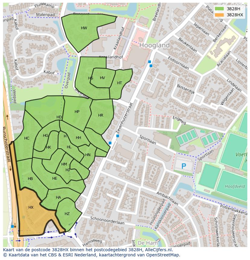 Afbeelding van het postcodegebied 3828 HX op de kaart.