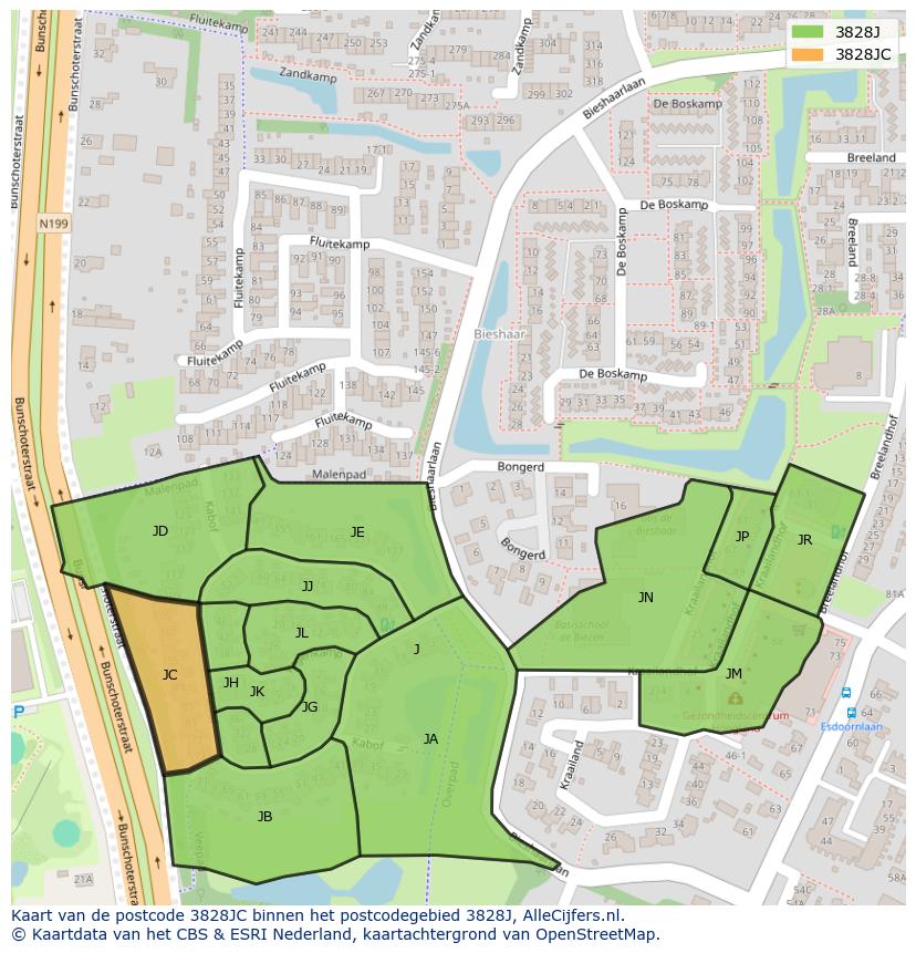 Afbeelding van het postcodegebied 3828 JC op de kaart.