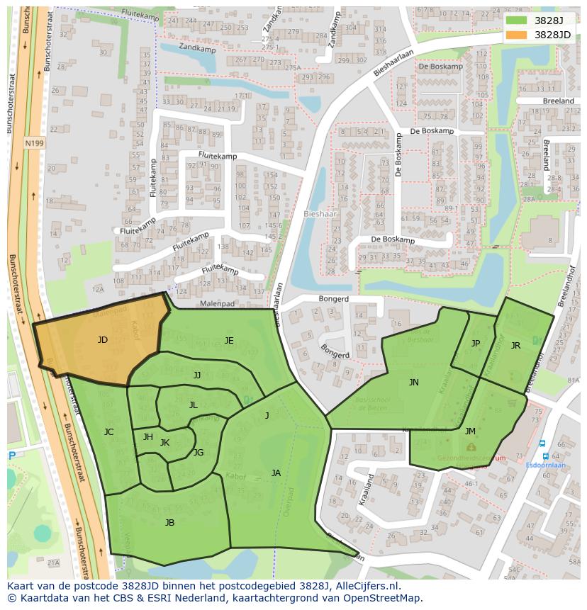 Afbeelding van het postcodegebied 3828 JD op de kaart.
