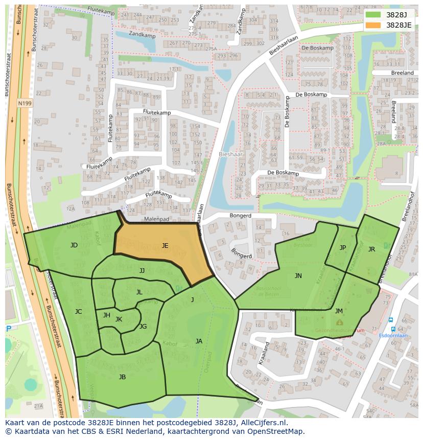 Afbeelding van het postcodegebied 3828 JE op de kaart.