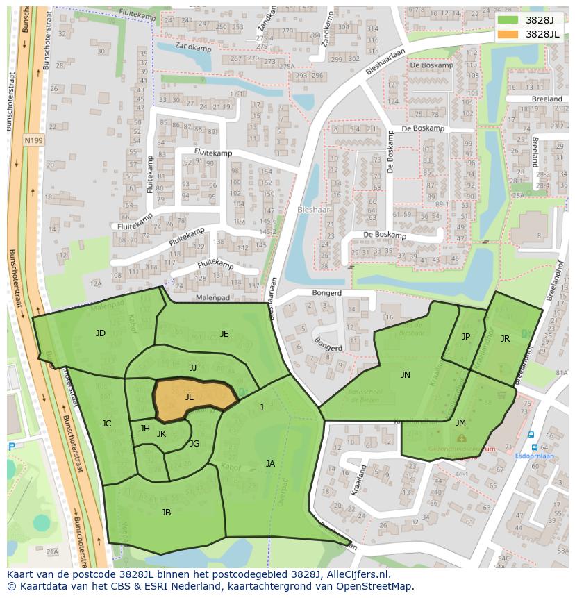 Afbeelding van het postcodegebied 3828 JL op de kaart.