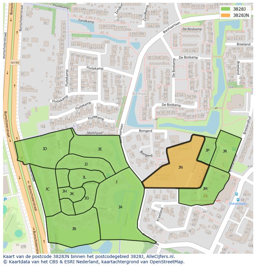 Afbeelding van het postcodegebied 3828 JN op de kaart.