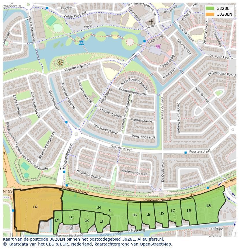 Afbeelding van het postcodegebied 3828 LN op de kaart.