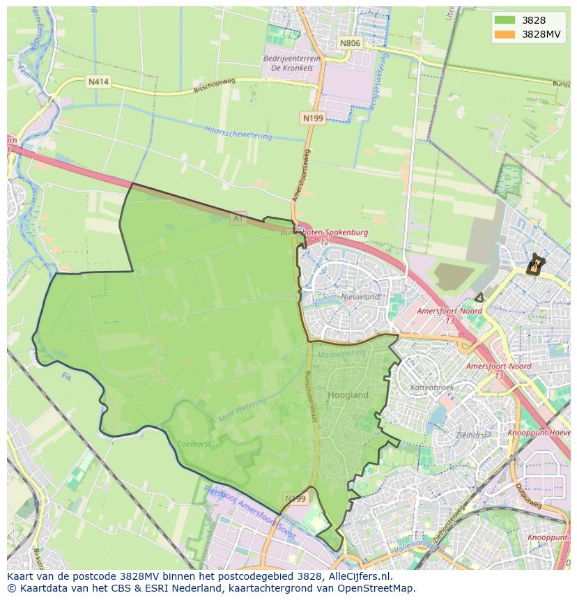 Afbeelding van het postcodegebied 3828 MV op de kaart.