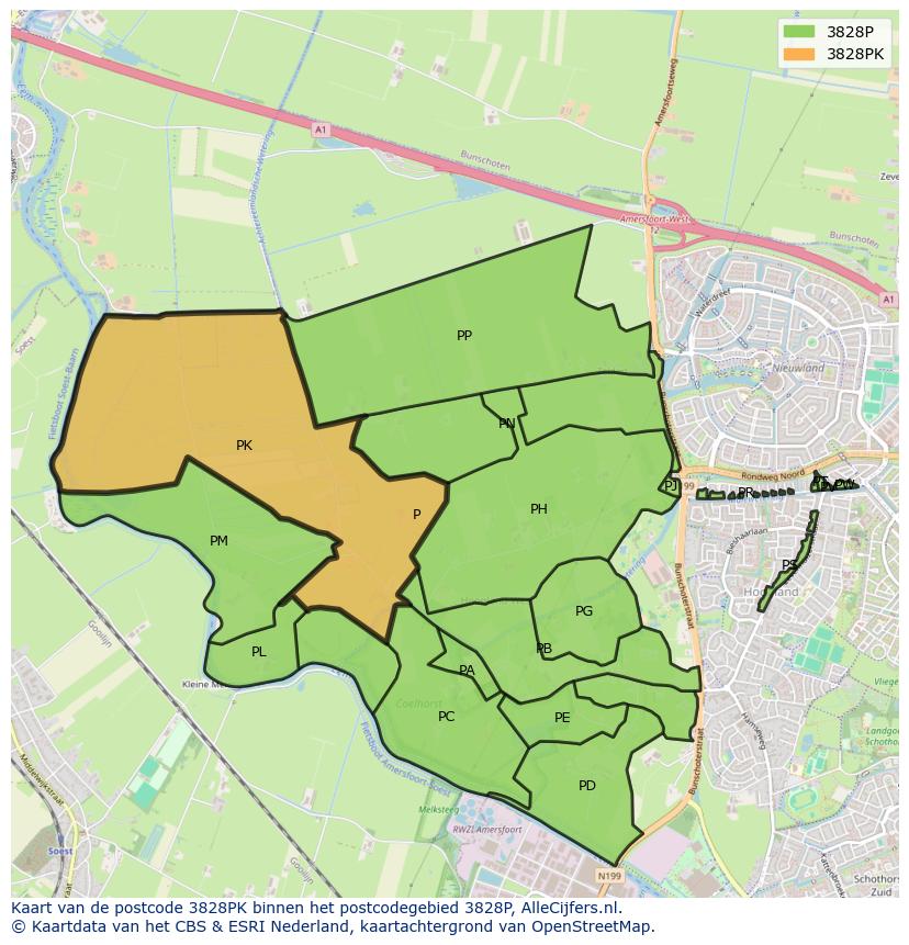 Afbeelding van het postcodegebied 3828 PK op de kaart.